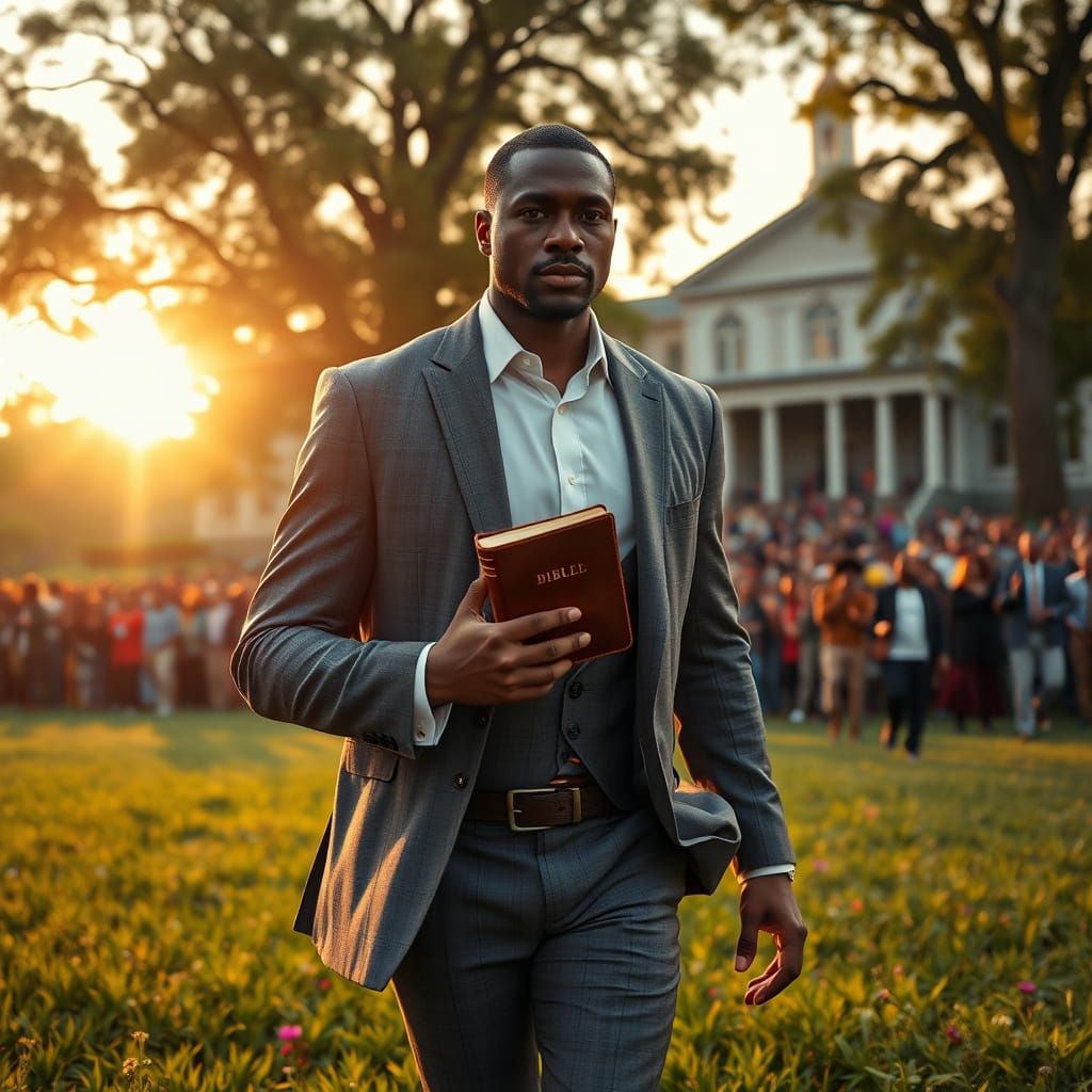 Confident Leader Embracing Diverse Crowd in Vibrant Sunset L...