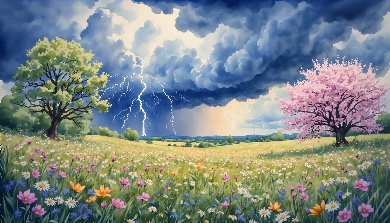 Spring Meadow Thunderstorm: Watercolor and Ink Fantasy