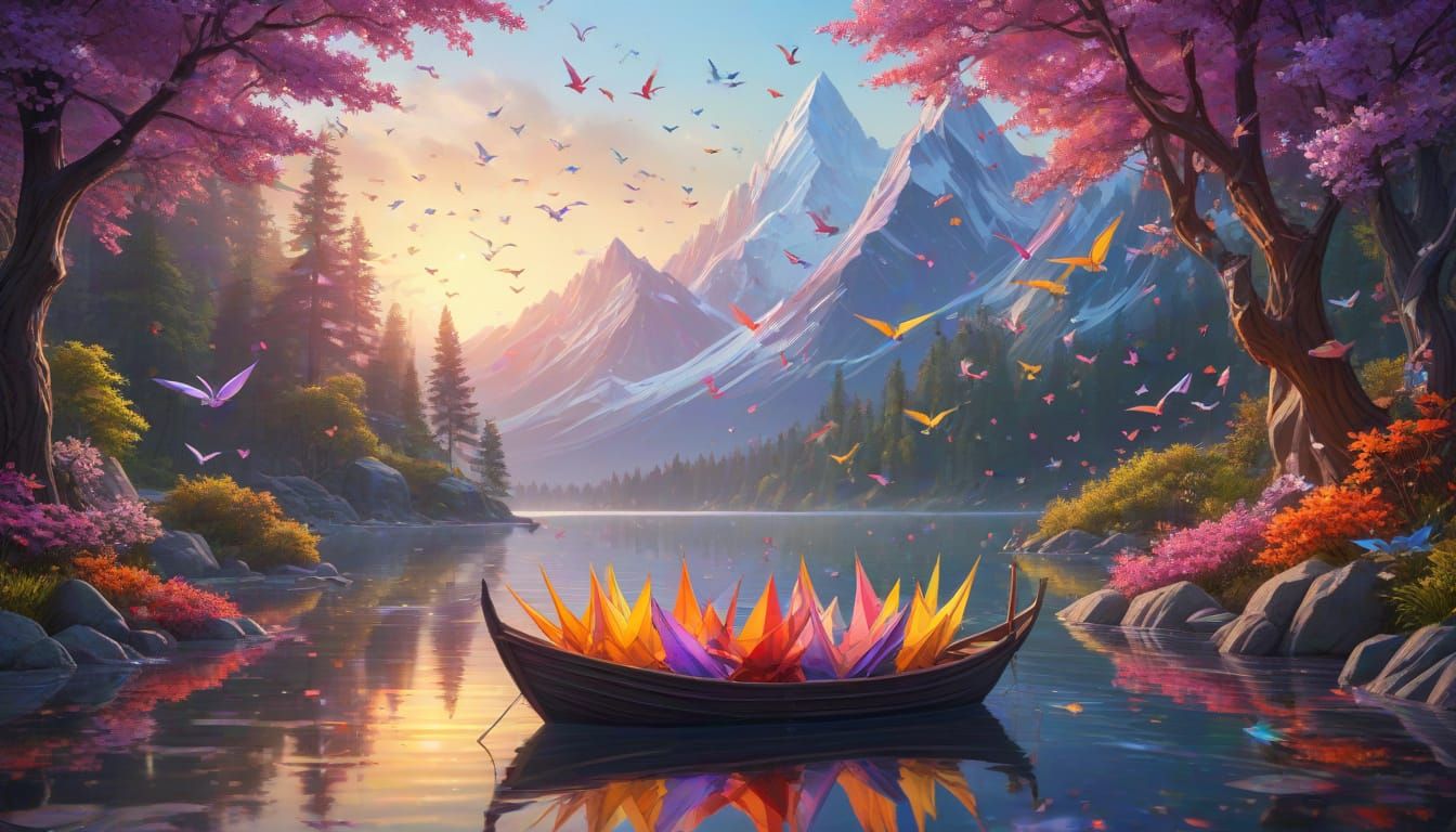Boat on Sequined Lake Reflecting Origami Cranes
