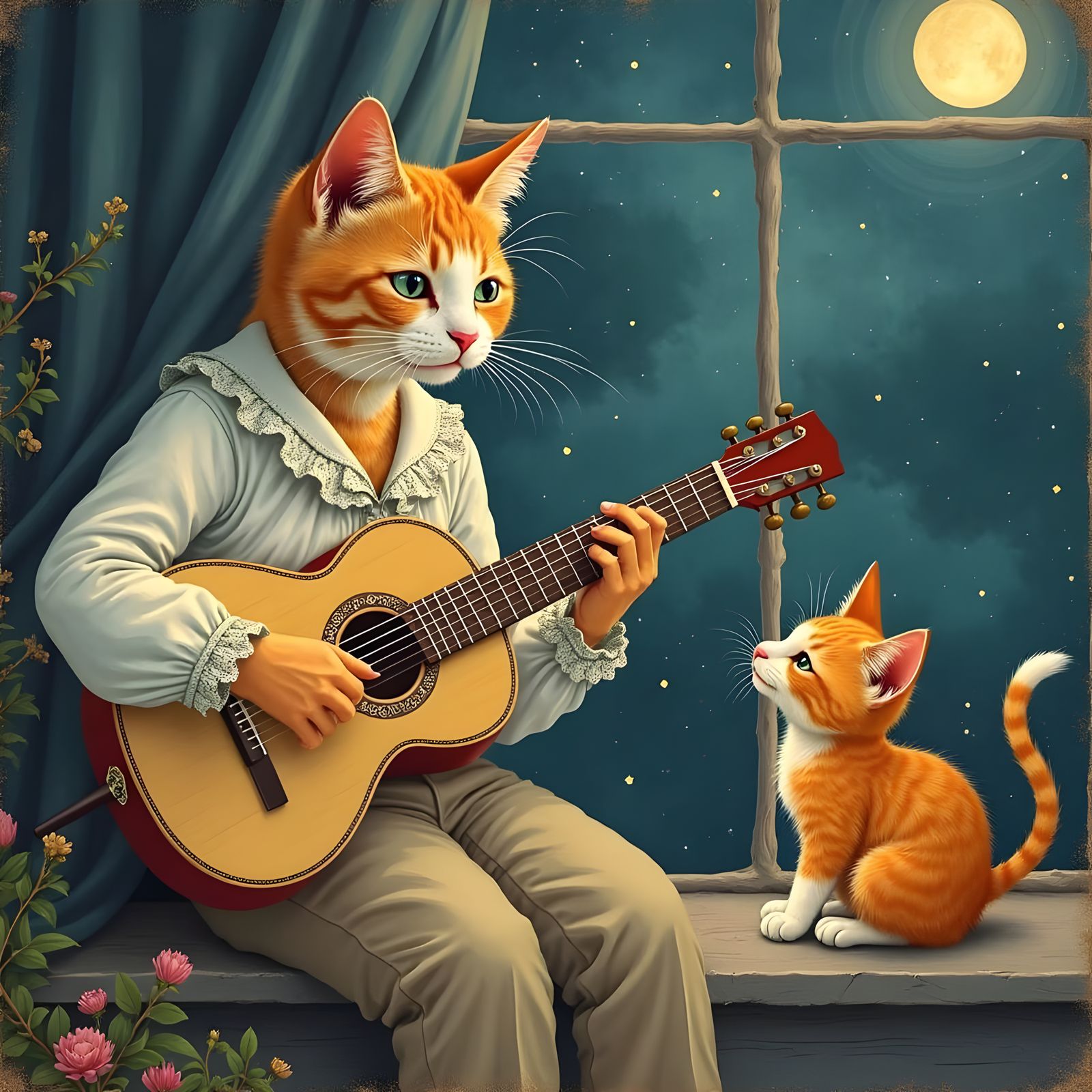 Whimsical Feline Guitarist Serenades Cosmic Companion