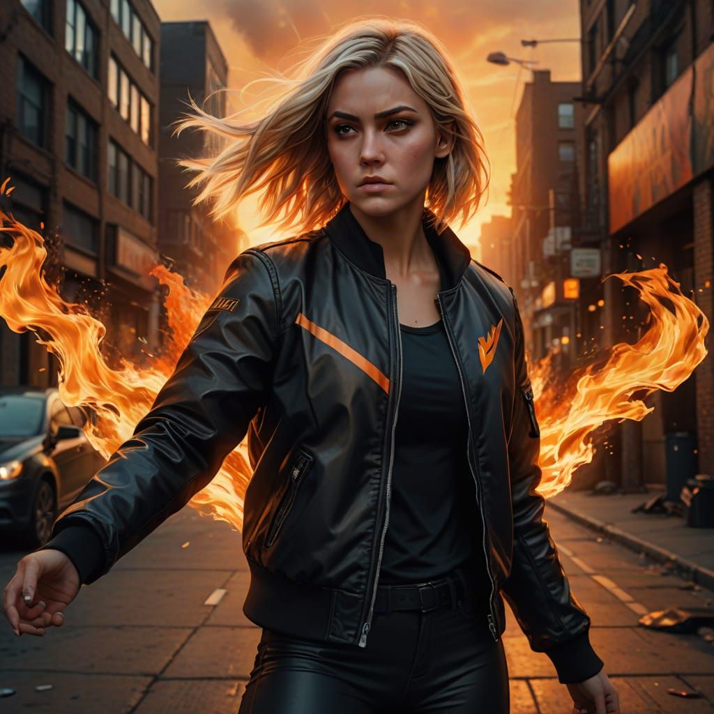 Intense Blonde Woman in Flames, Digital Art