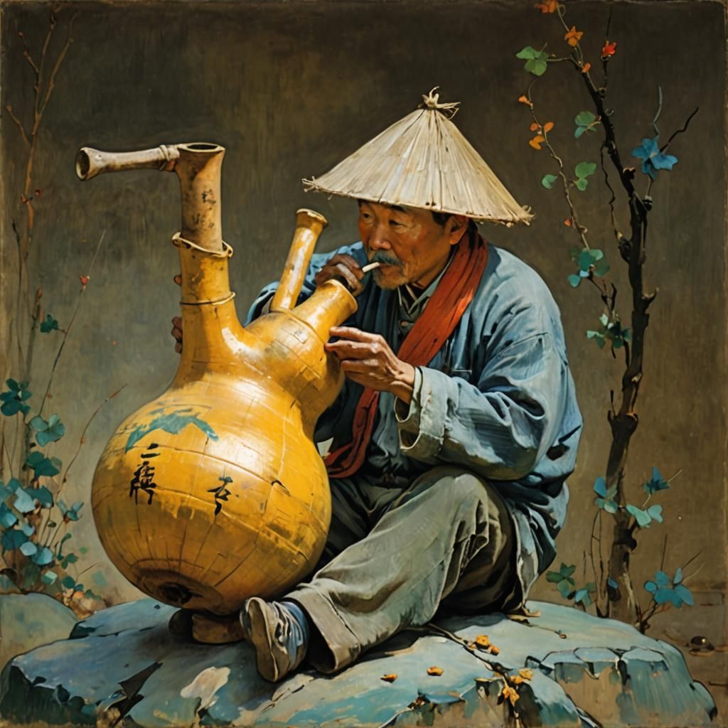 Chinese Farmer Playing Hulusi in Impressionist Style