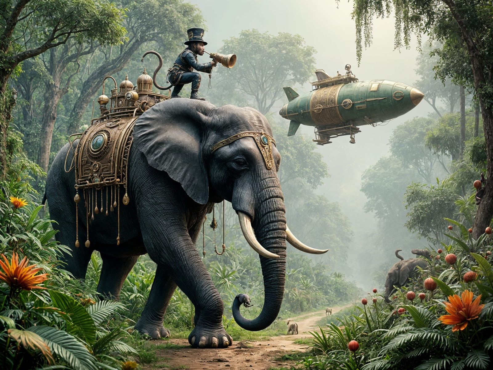 Elephant Guarding Jungle Trail with Steampunk Rocket