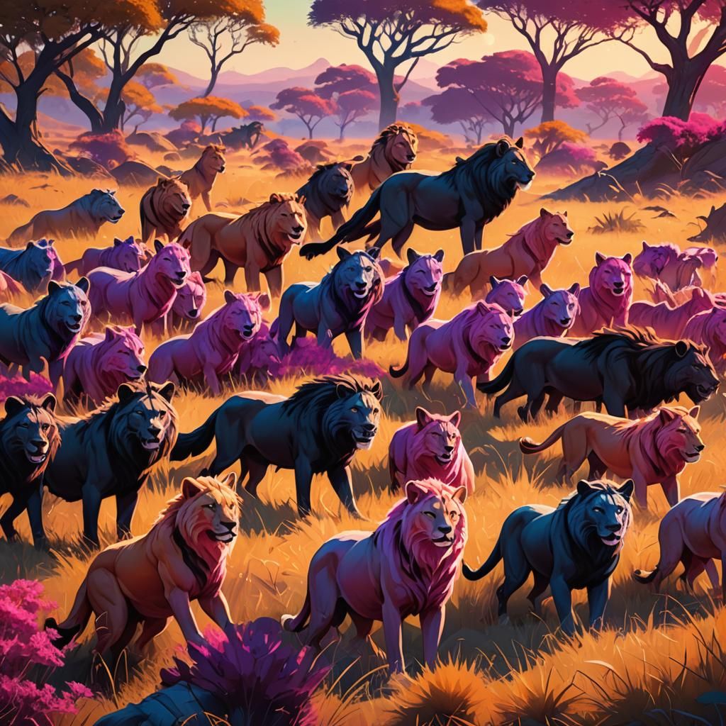 Pink Wolves vs Black Lions in Colorful Savanna