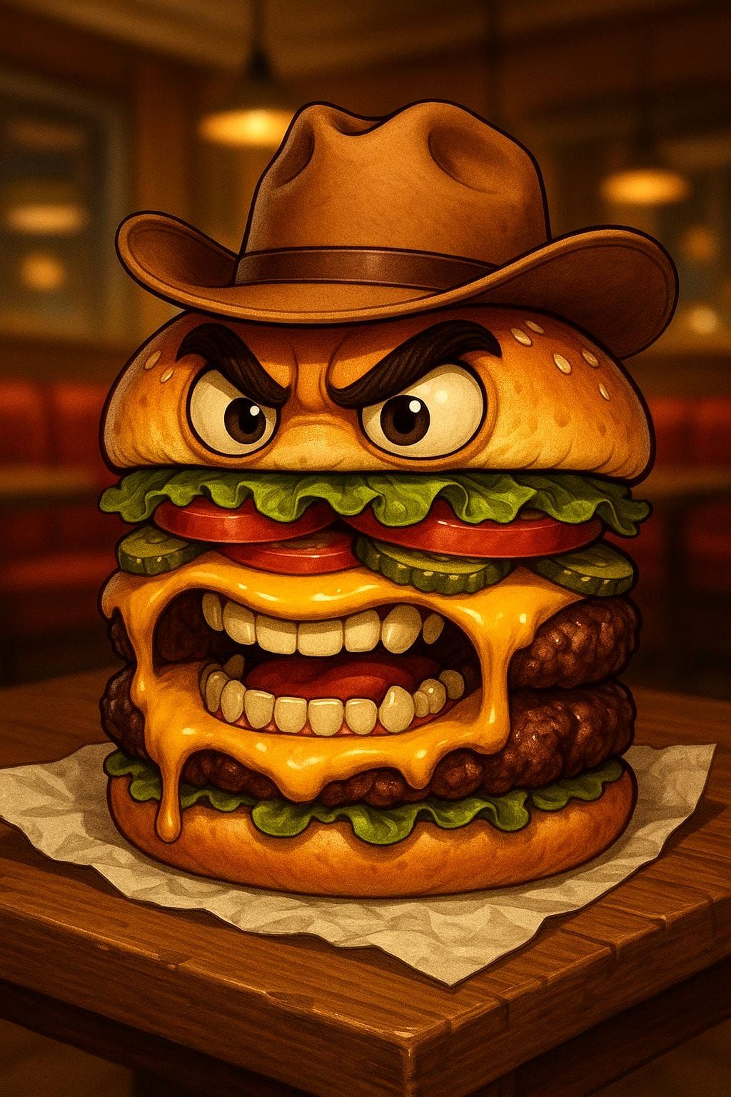Anthropomorphic Cheeseburger Cowboy in Restaurant Illustrati...