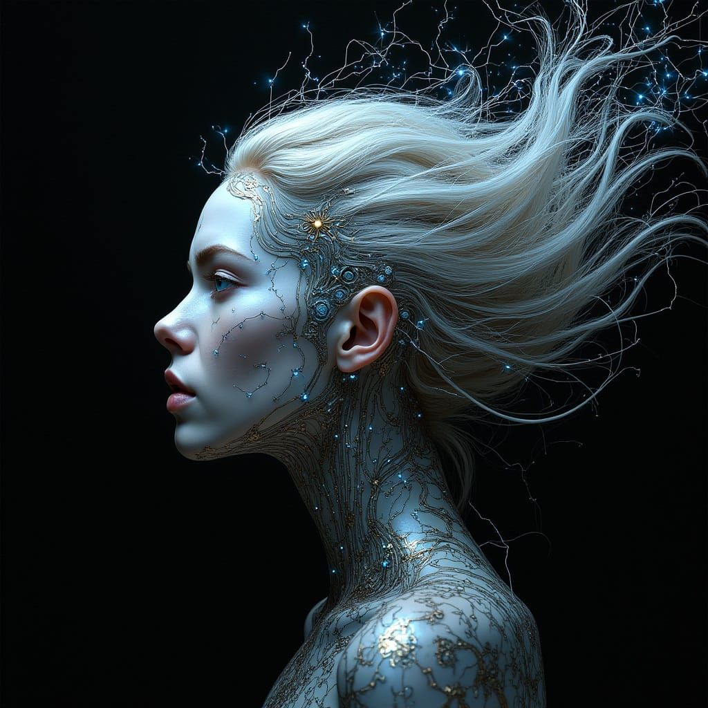 Cyberpunk Goddess with Electrified Hair and Circuitry Lines