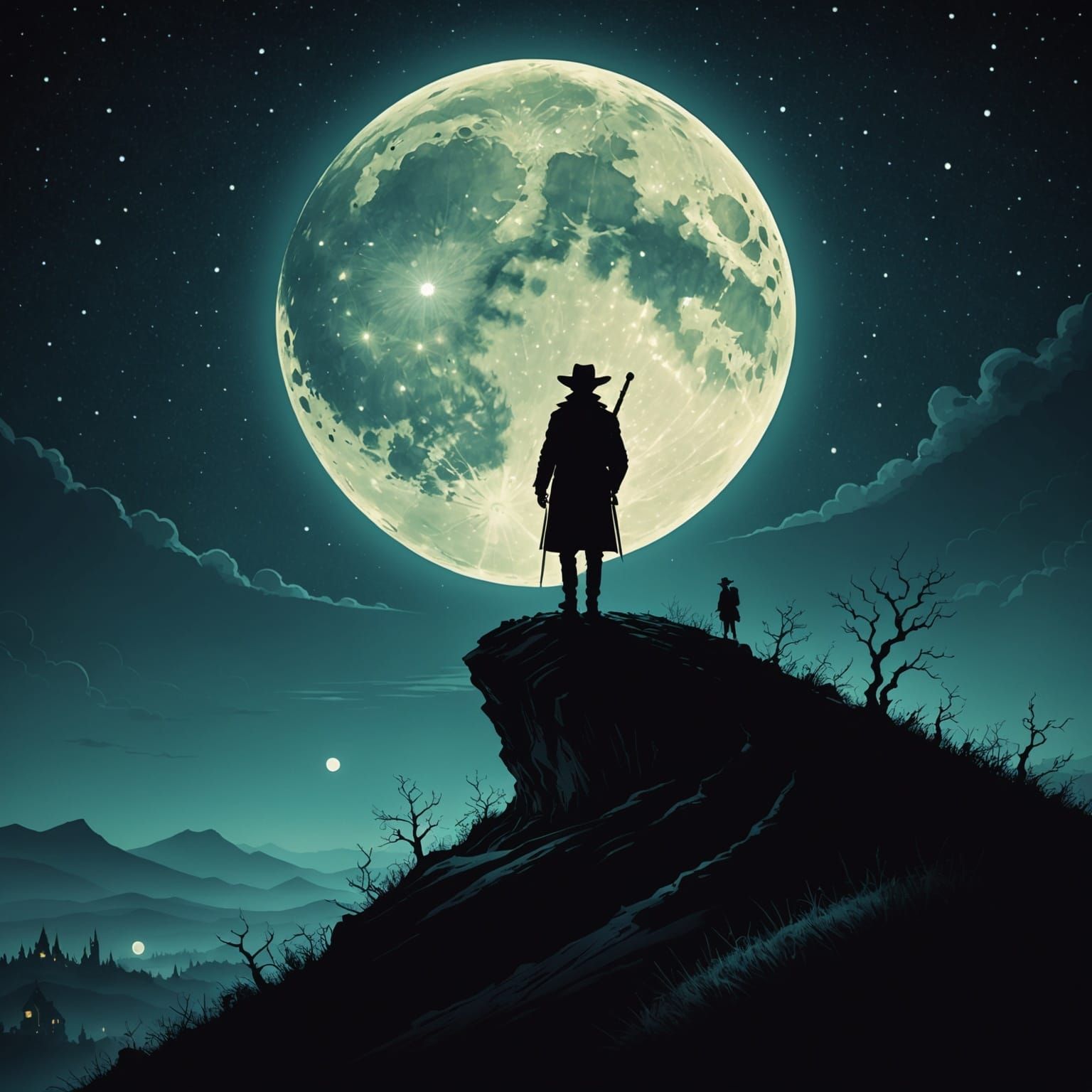 Lone Figure Silhouetted by a Surreal Moon