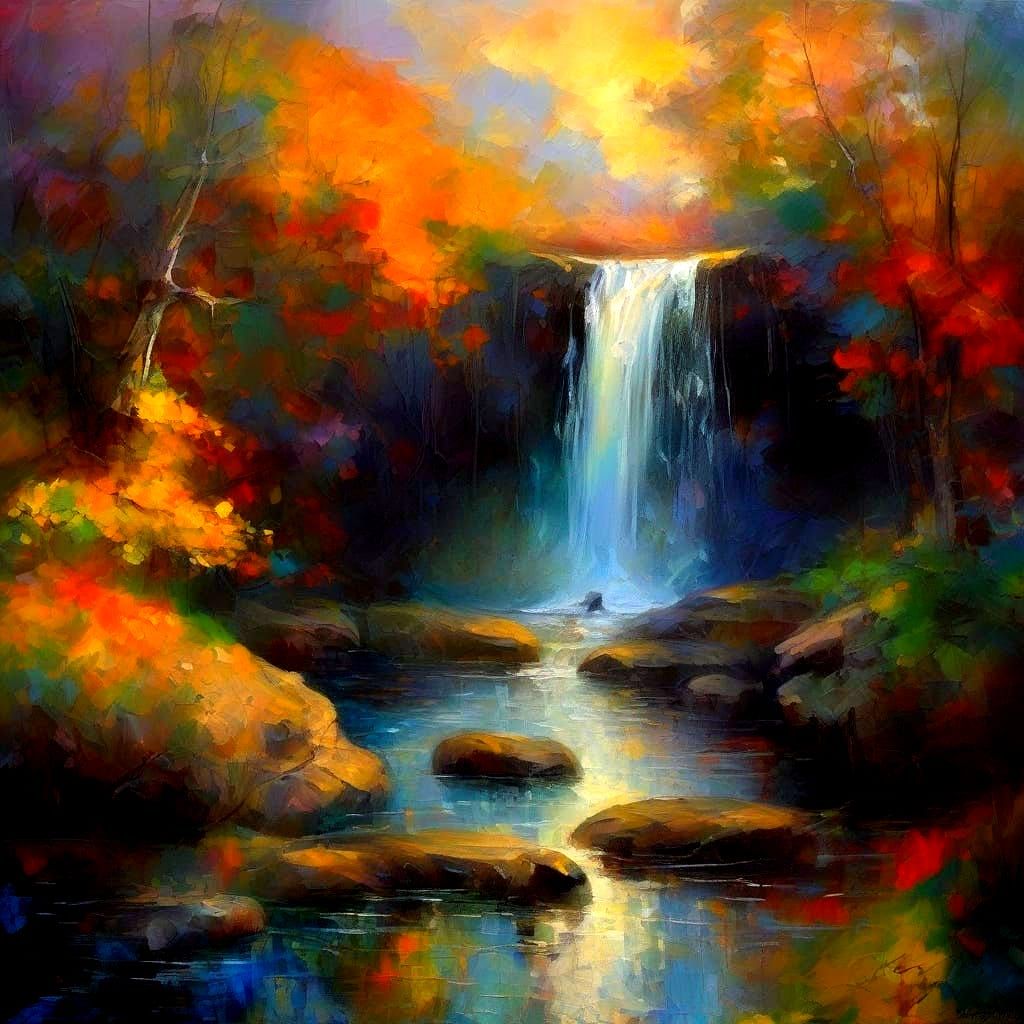 Enchanted Otter Family Plays in a Swirling Impressionist Wat...