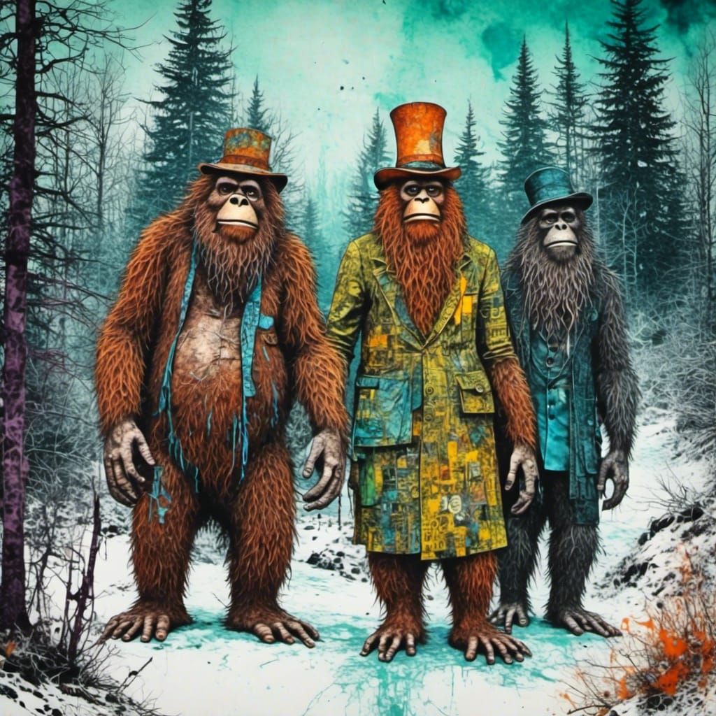 Bigfoot Victorian Party in Winter Forest Watercolor