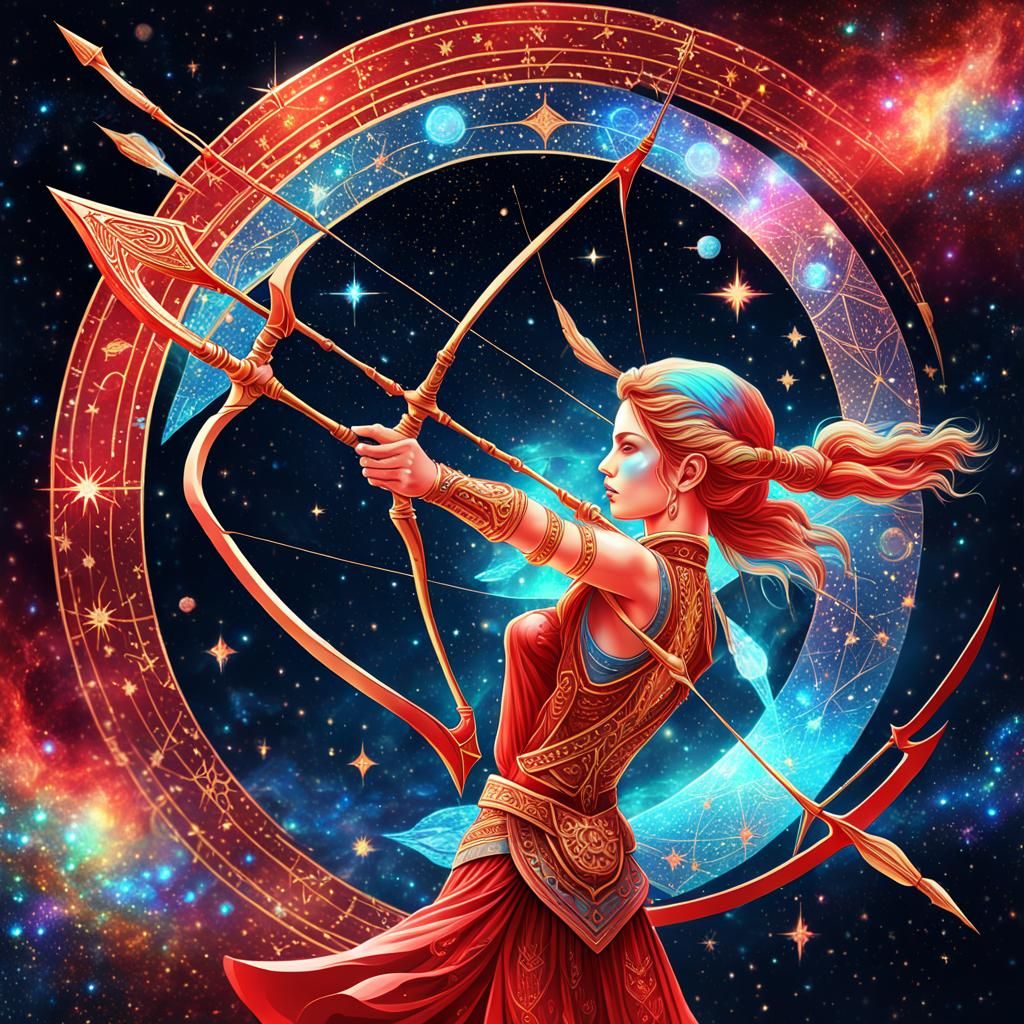 Celestial Sagittarius in Vibrant Red. Cosmic Holographic Art