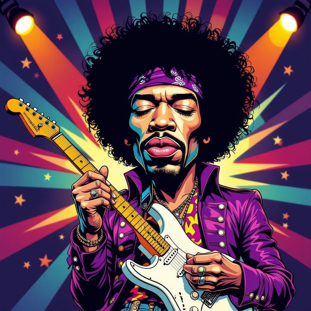 Jimi Hendrix Cartoon Caricature with Guitar