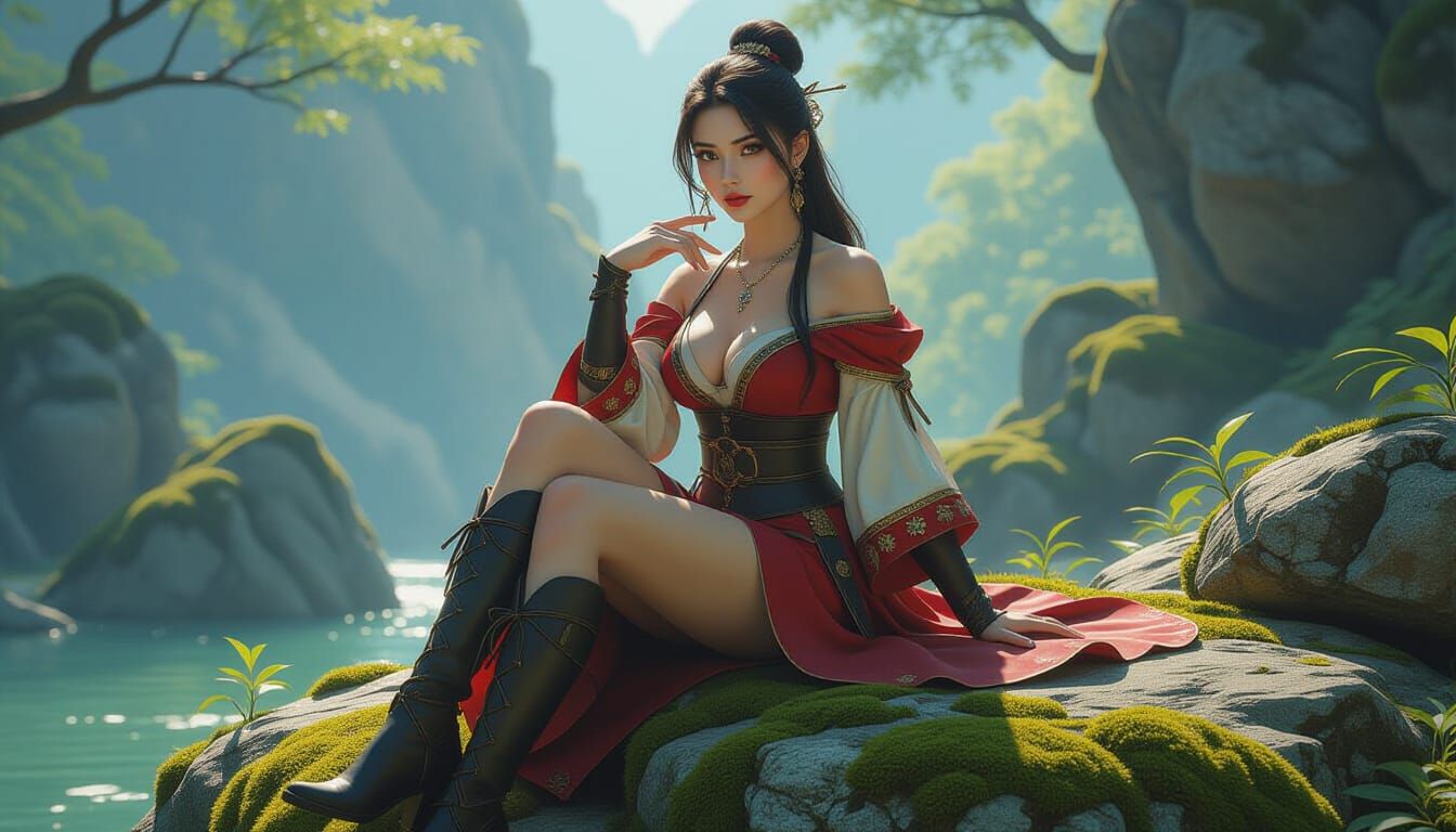 bare beautiful woman charactert, sitting on the rock, hot po...