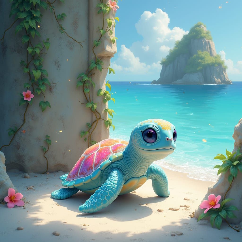 Enchanting Baby Sea Turtle Amidst Tropical Ruins in Vibrant ...