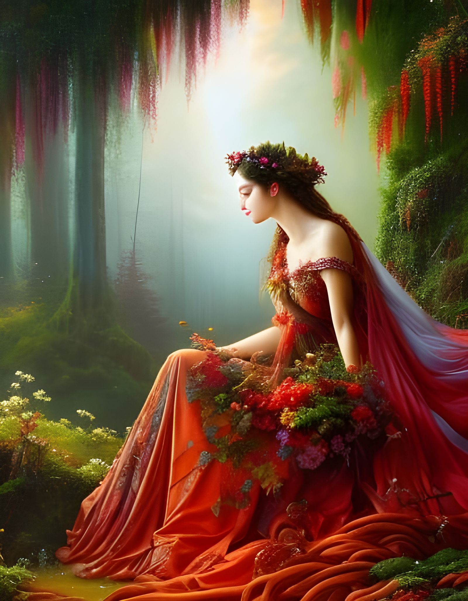 Woodland Goddess in Red Satin, Hyperdetailed Digital Art
