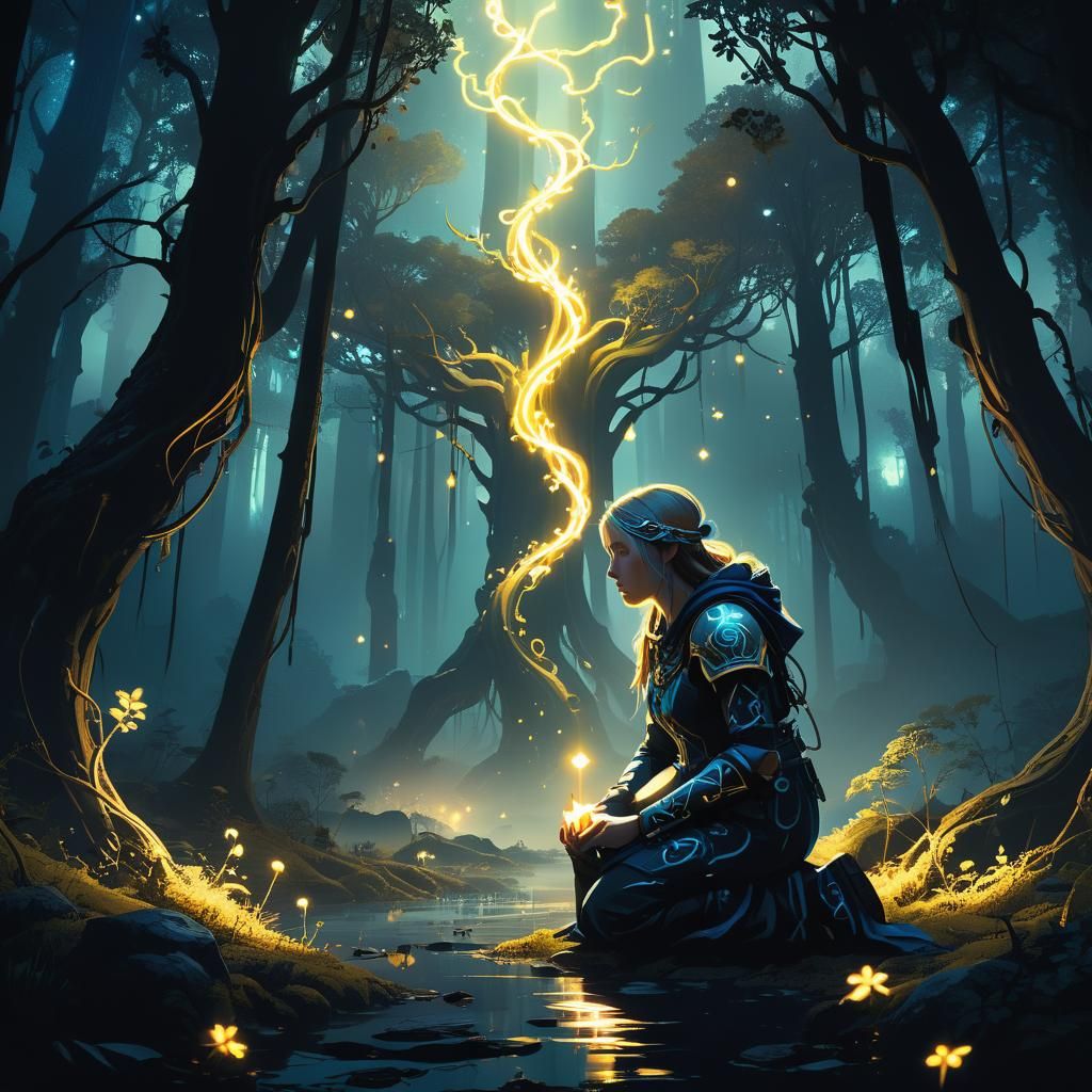 Mystical Zodiac in Glowing Forest, Digital Matte Painting