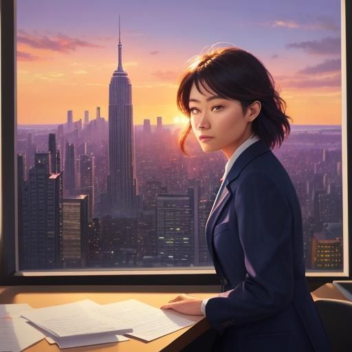 Woman Contemplates Cityscape in Vibrant Triadic Oil Painting