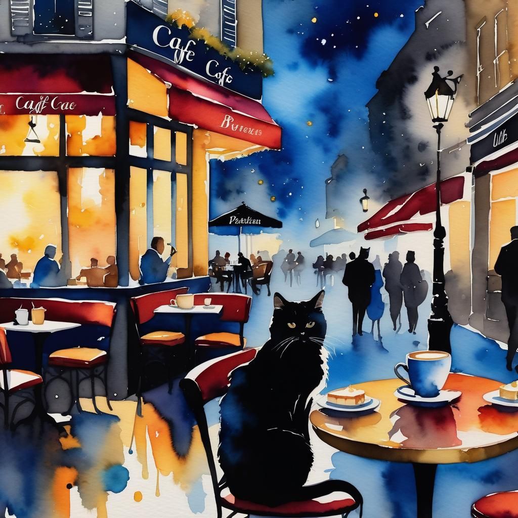 Night Cafe Scene with Cat in Watercolor Style