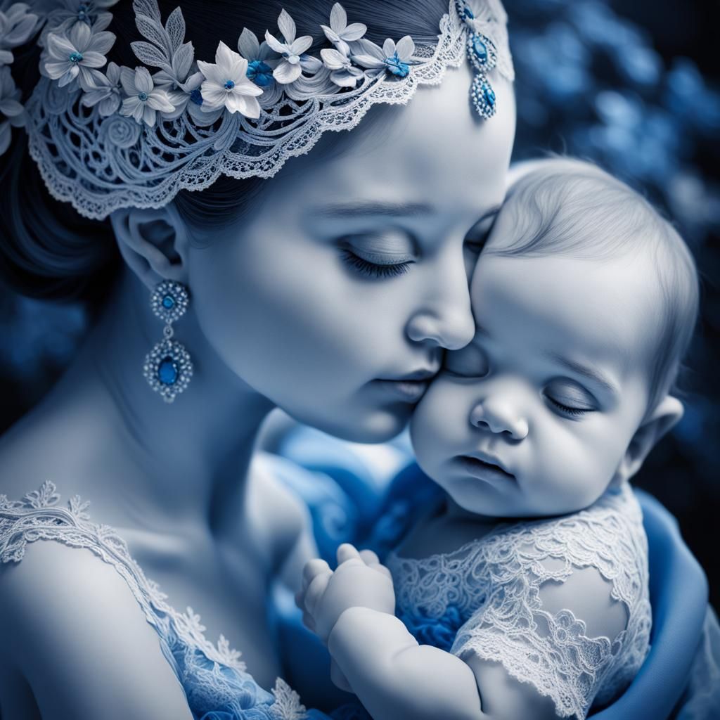 Mother and Child in Blue Lace Portrait