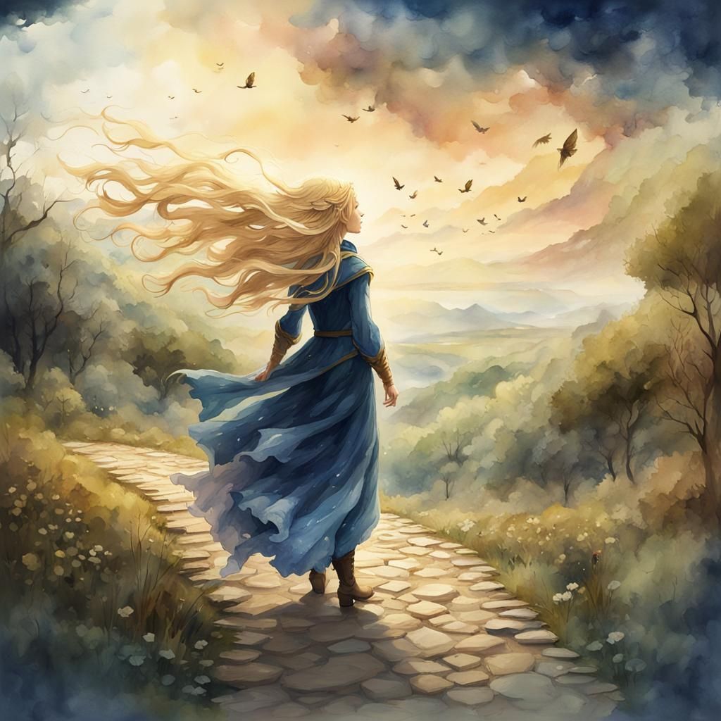 Fairytale Girl on Windy Path: Watercolor Art