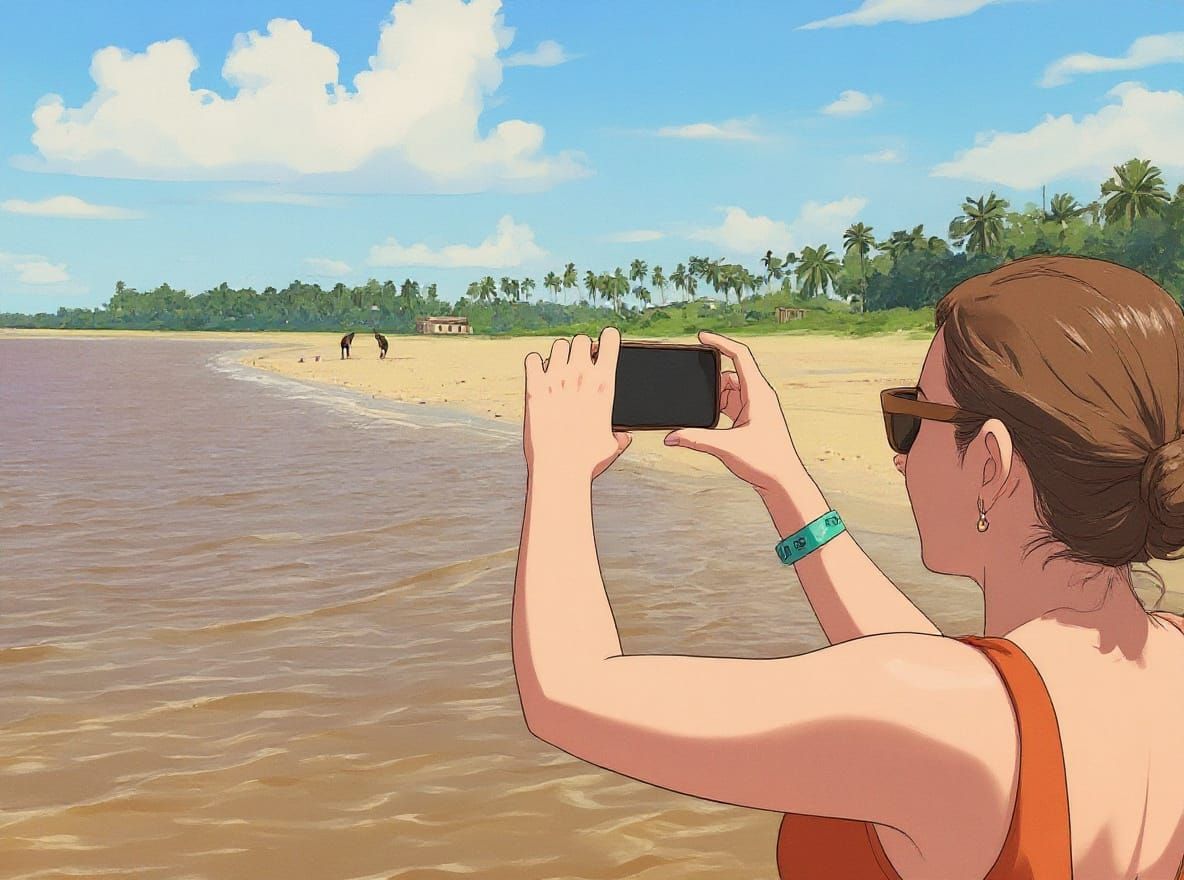Studio ghibli style, woman shot photo in beach sun
