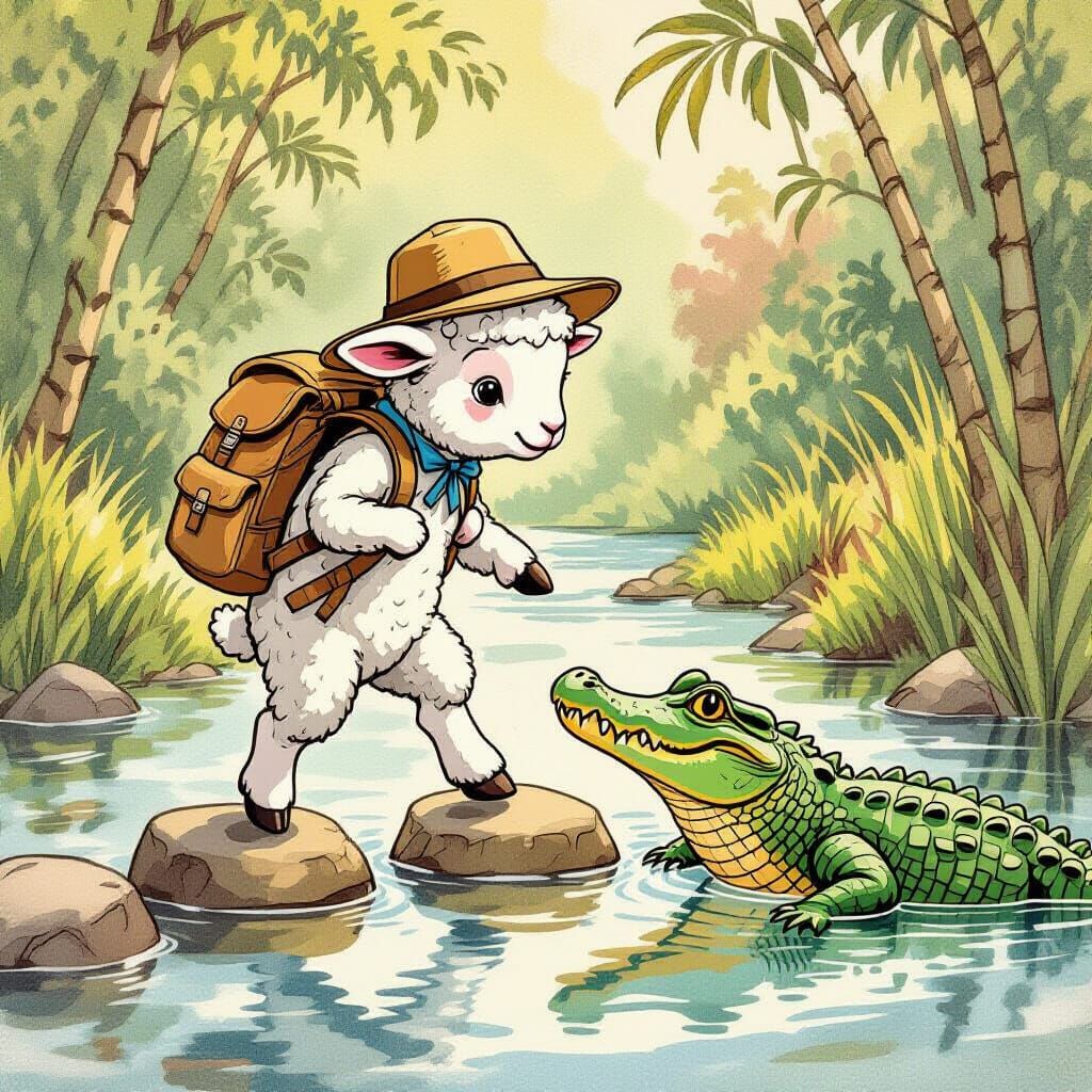 Lamb Explorer on Alligator: Vintage Cartoon Illustration