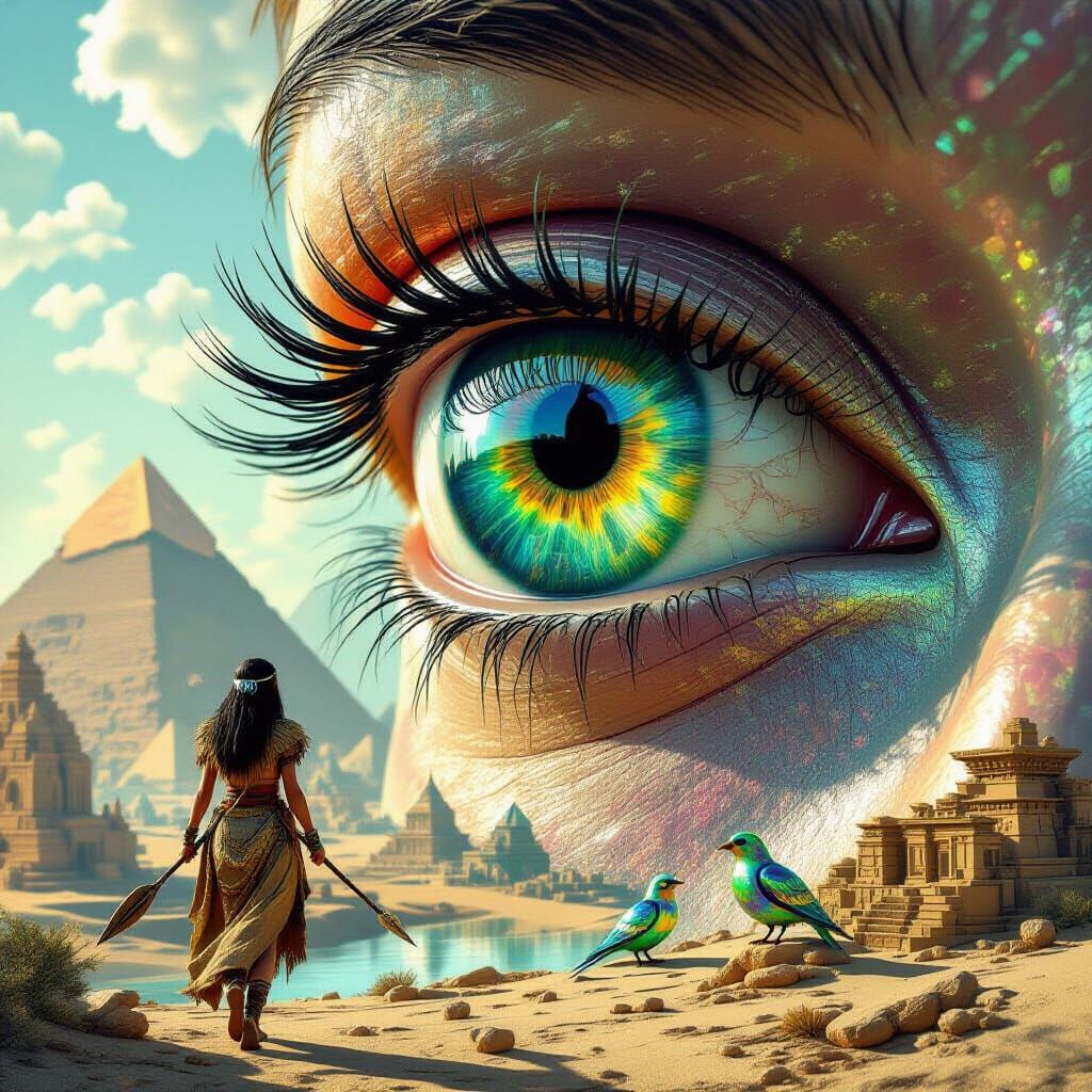 Eye Overlooking Stone Age Woman in Futuristic City