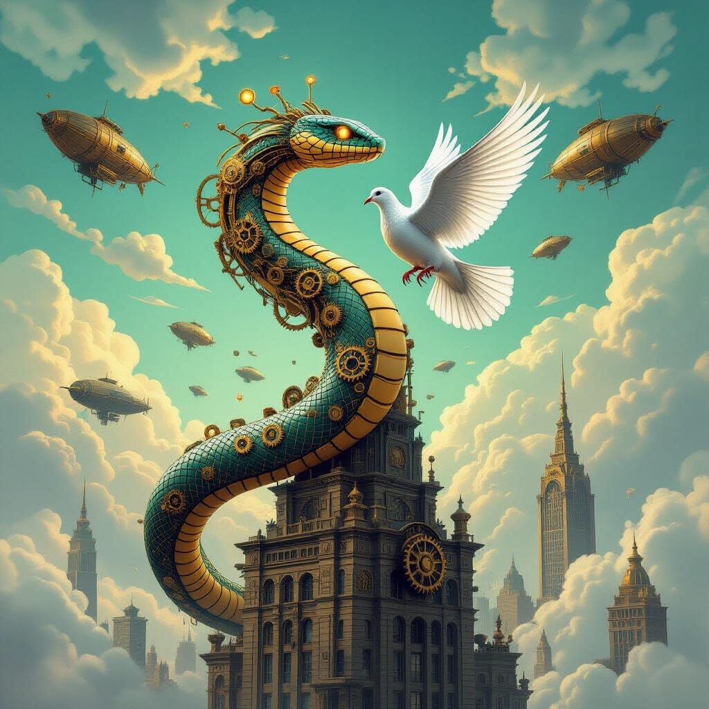 Steampunk Snake-Dove Perched Atop Metropolis