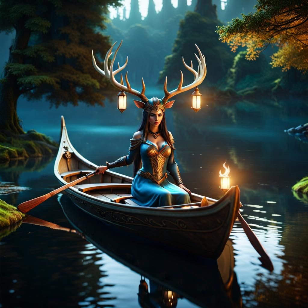 Demonic Sorceress with Deer Horns in Forest Pond
