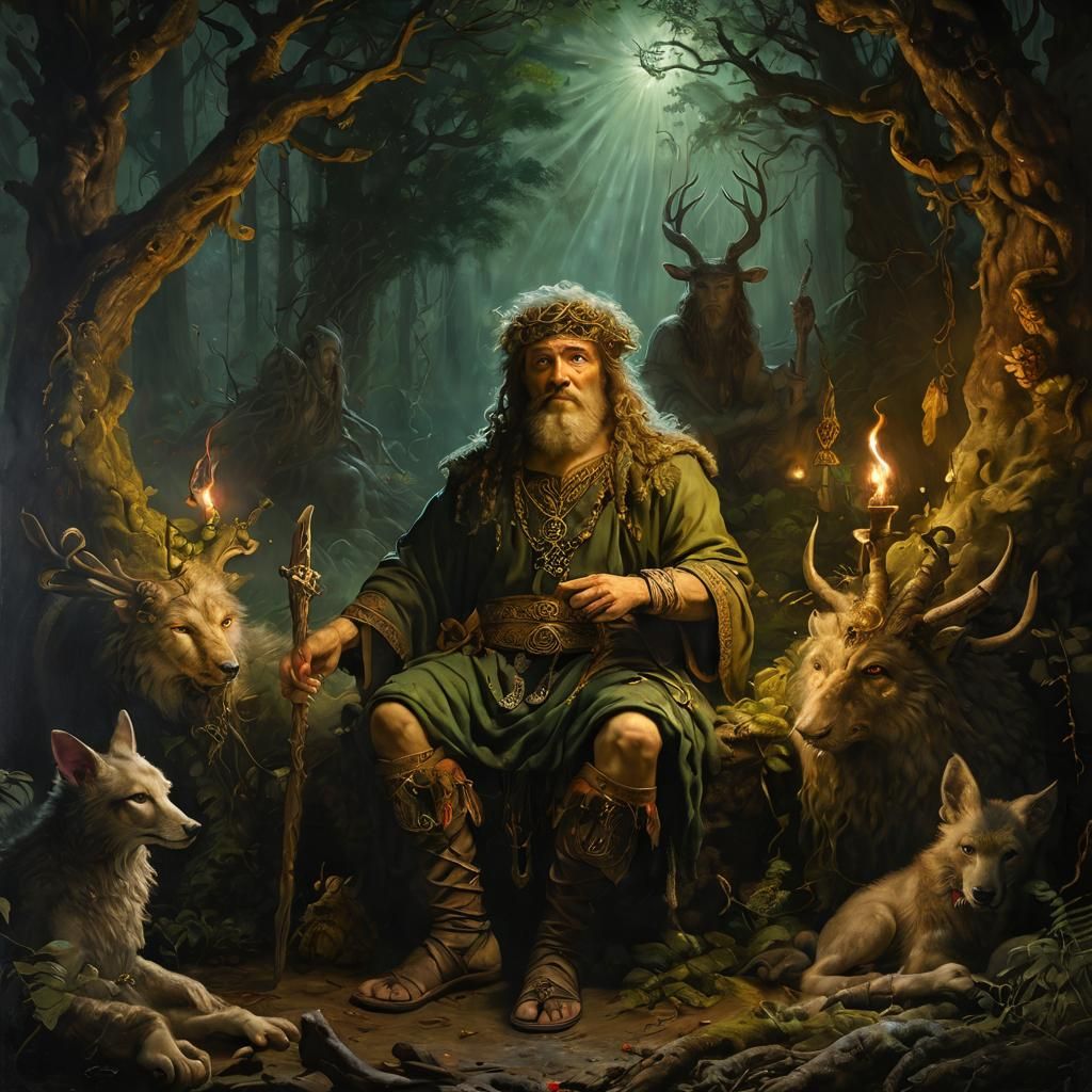 Dian Cécht Healing Warrior, Rembrandt-Inspired Oil Painting