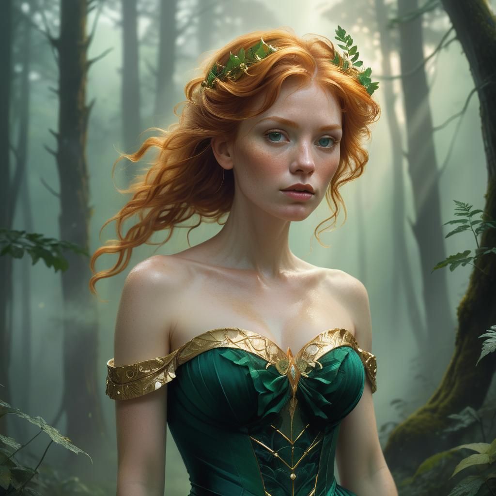 Ginger-Haired Woman in Emerald Dress, Art Nouveau Style