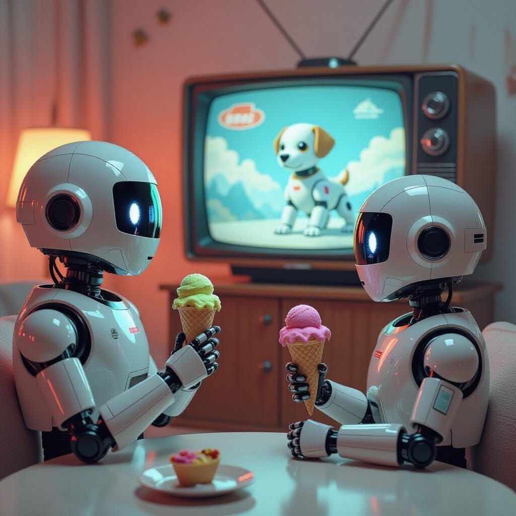 Robots Enjoying Ice Cream in Retro-Futuristic Style