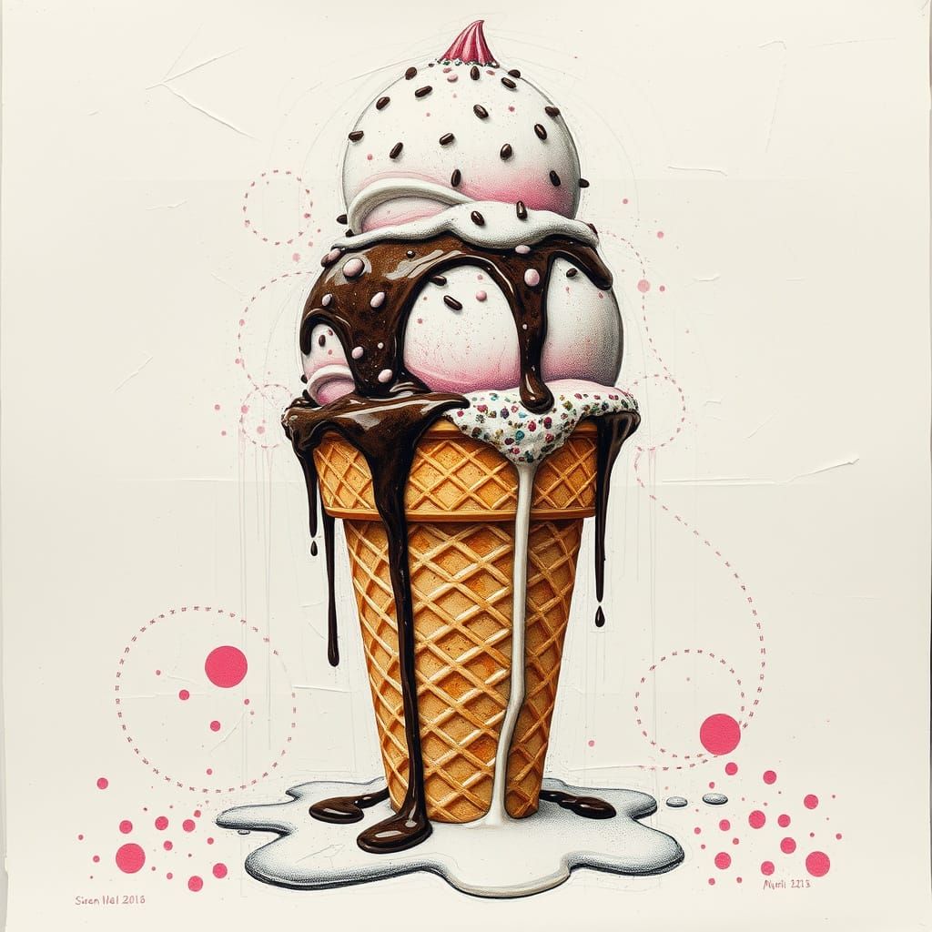 triple-scoop ice cream cone melting under a collagraph press