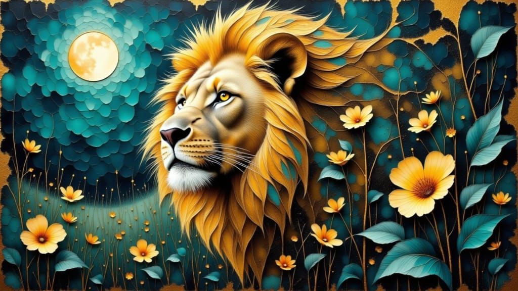 Regal Lion in Jungle Surrealism with Golden Threads