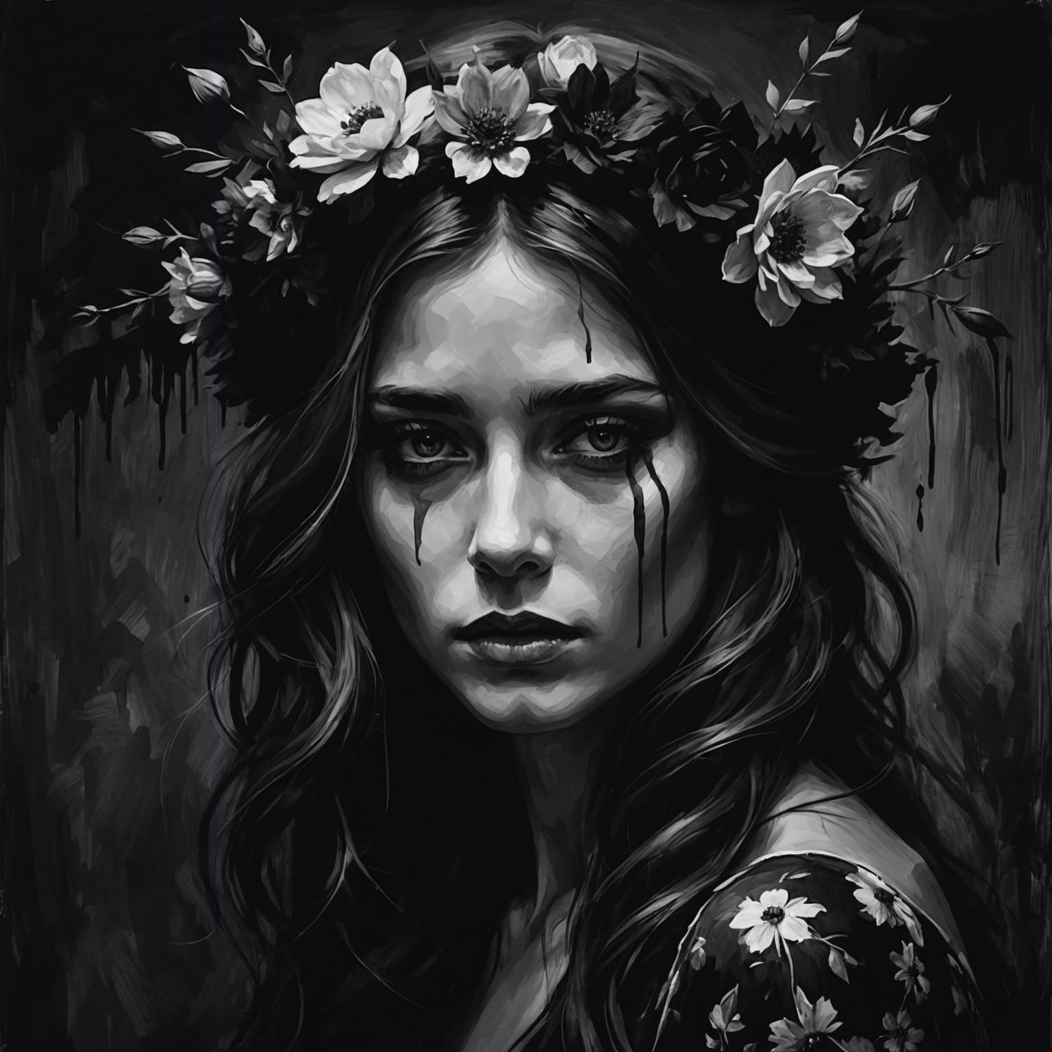 Melancholic Floral Woman in Dark Monochrome Style