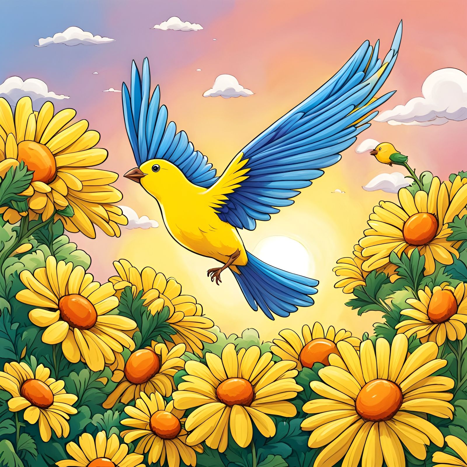 Cartoon Canary in Yellow World Crayon Drawing