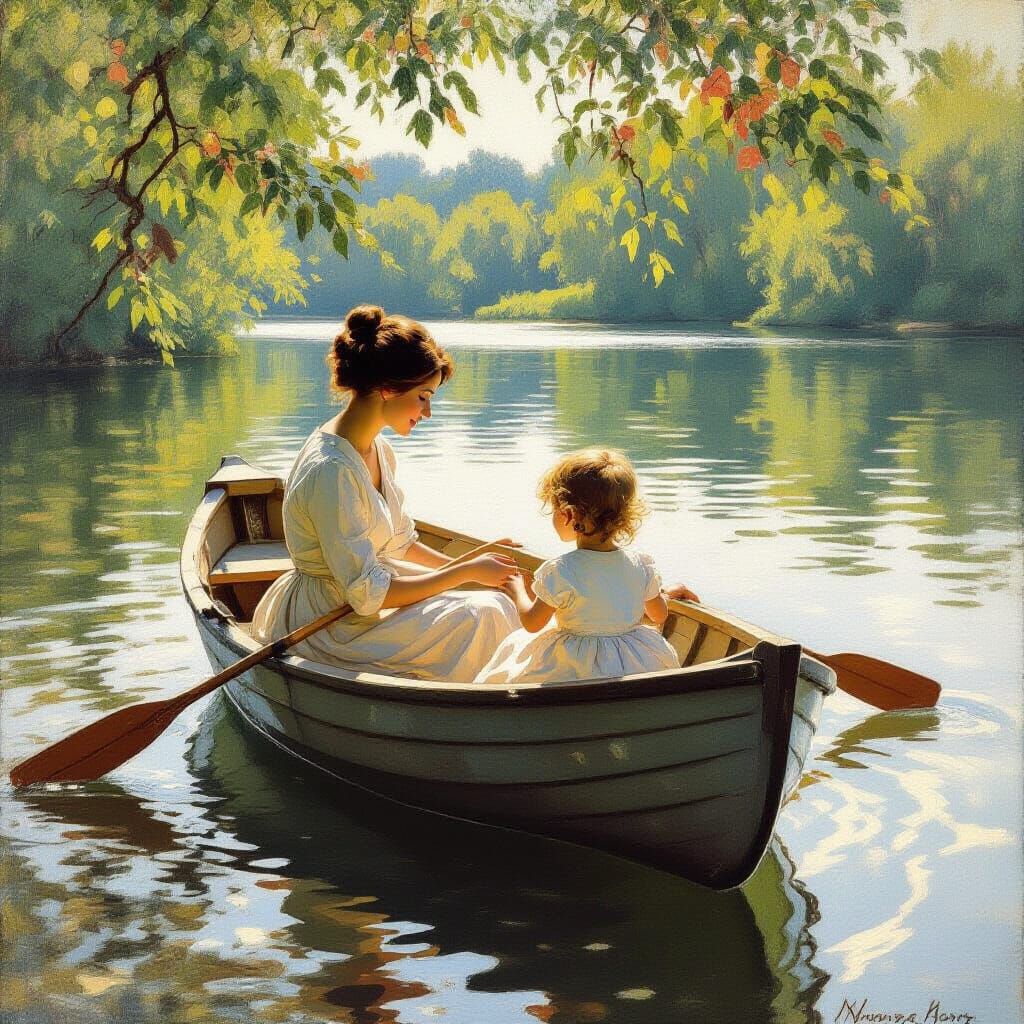 Mother and Child in Boat, Impressionistic Style