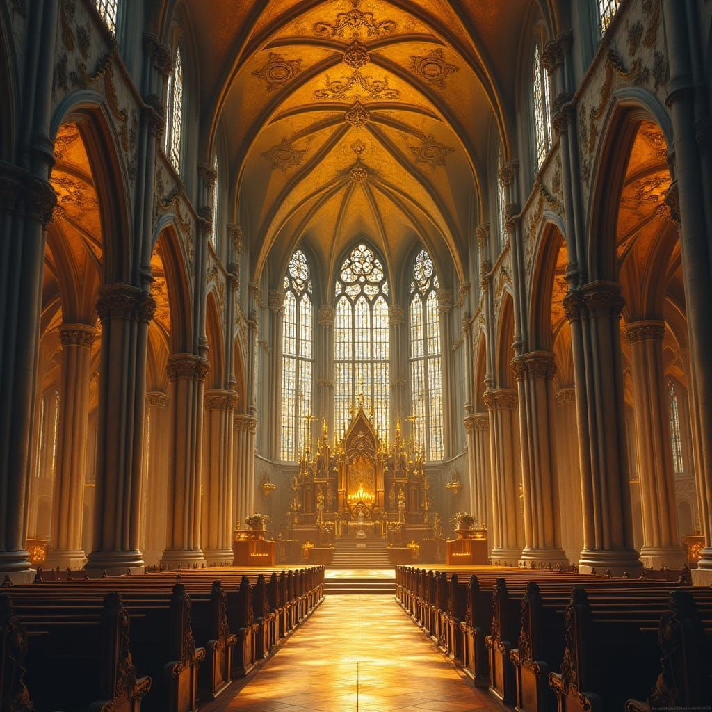 Gothic Revival Cathedral in Vibrant Gold and Color