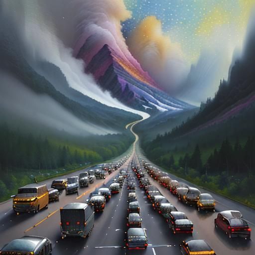 Traffic Jam at Border in Gouache Style