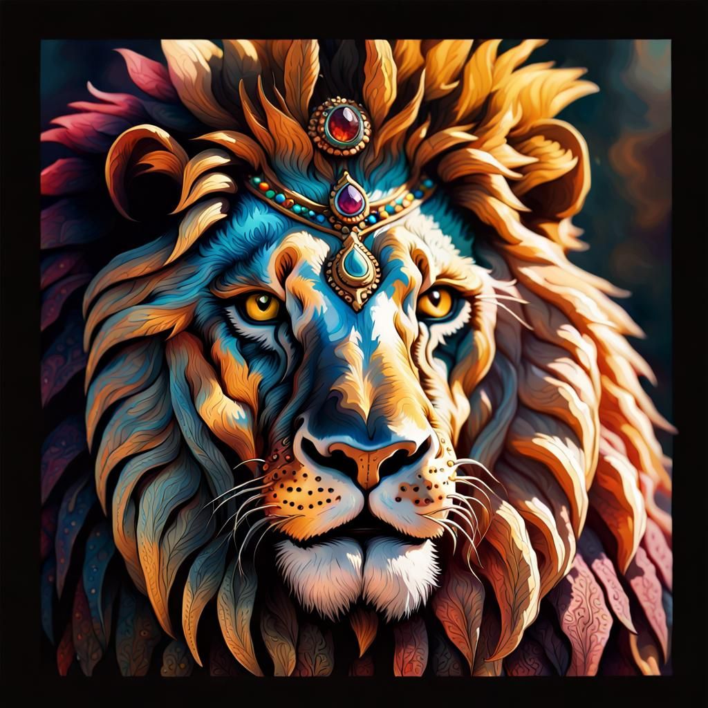 Lion Face with Inca Tattoos, Hyperrealistic Concept Art