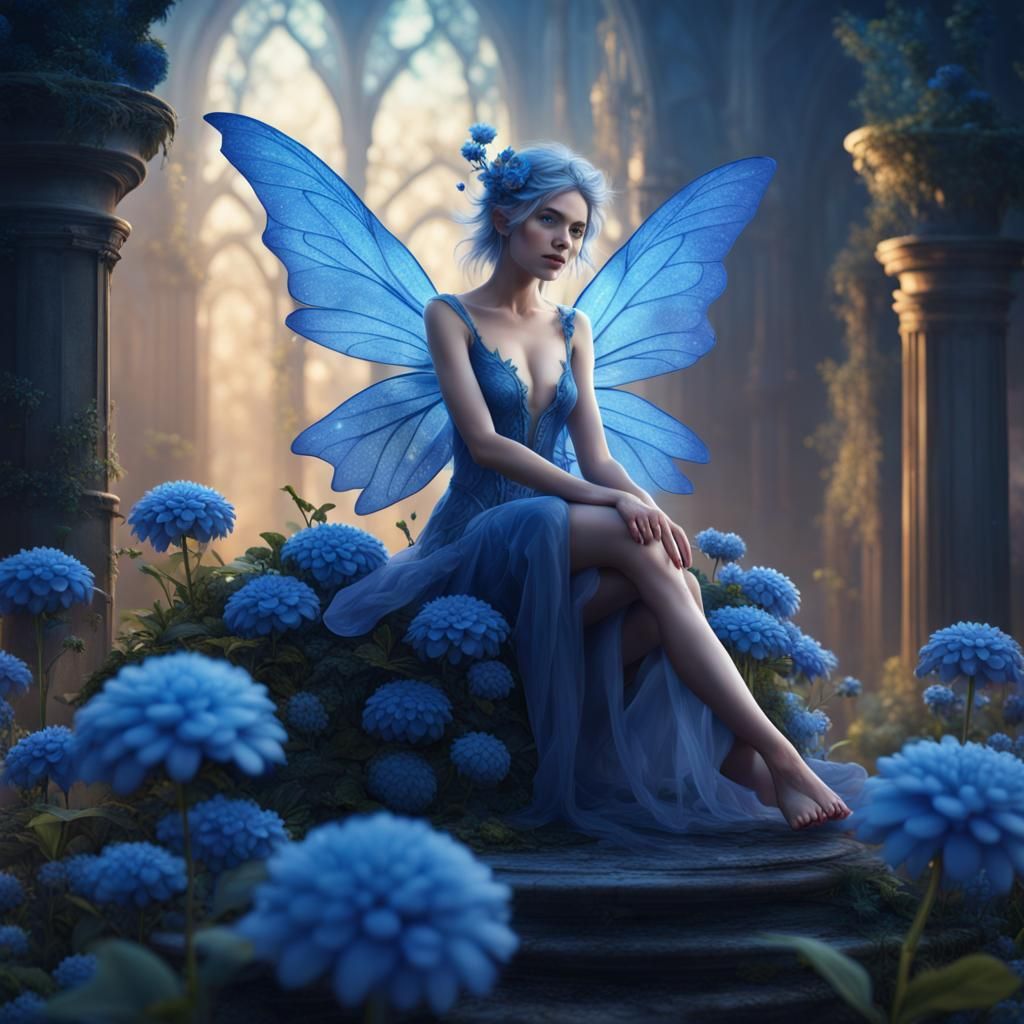 Blue Fairy on Flower, Detailed Fantasy Art