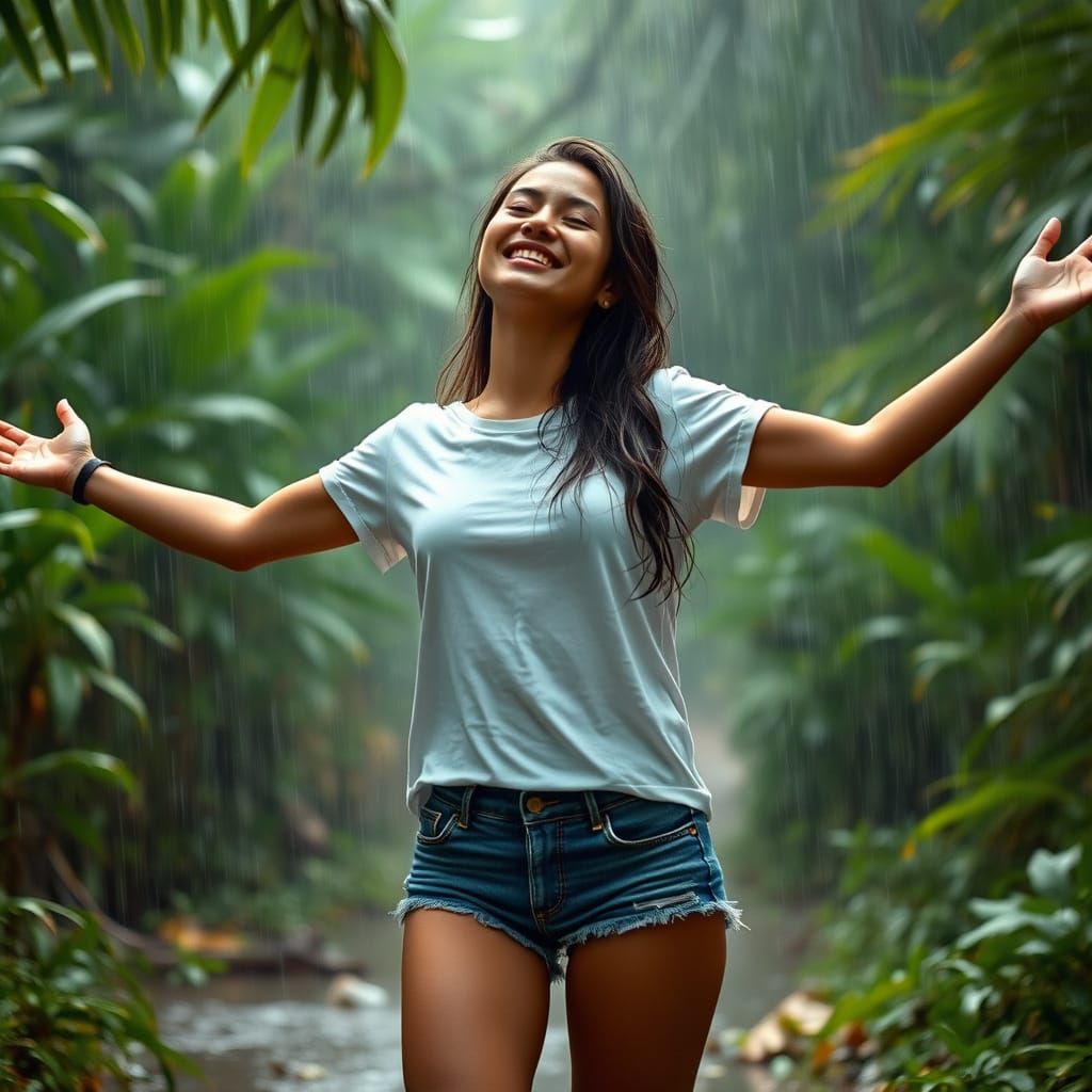 Joyful Woman in Rainy Cambodian Jungle
