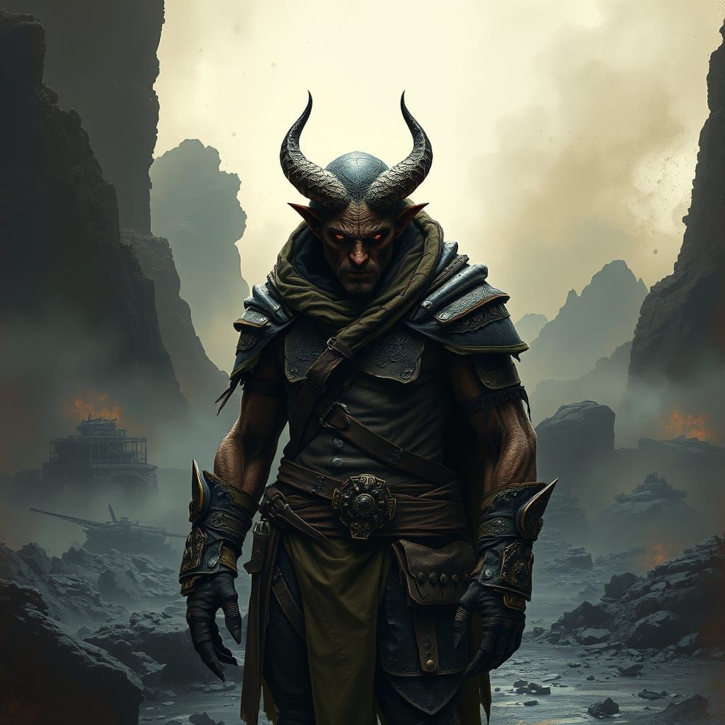 Brooding Demon Castaway in Desolate Landscape