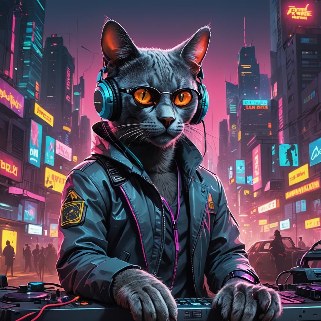 Russian Blue Cat DJ in Cyberpunk City