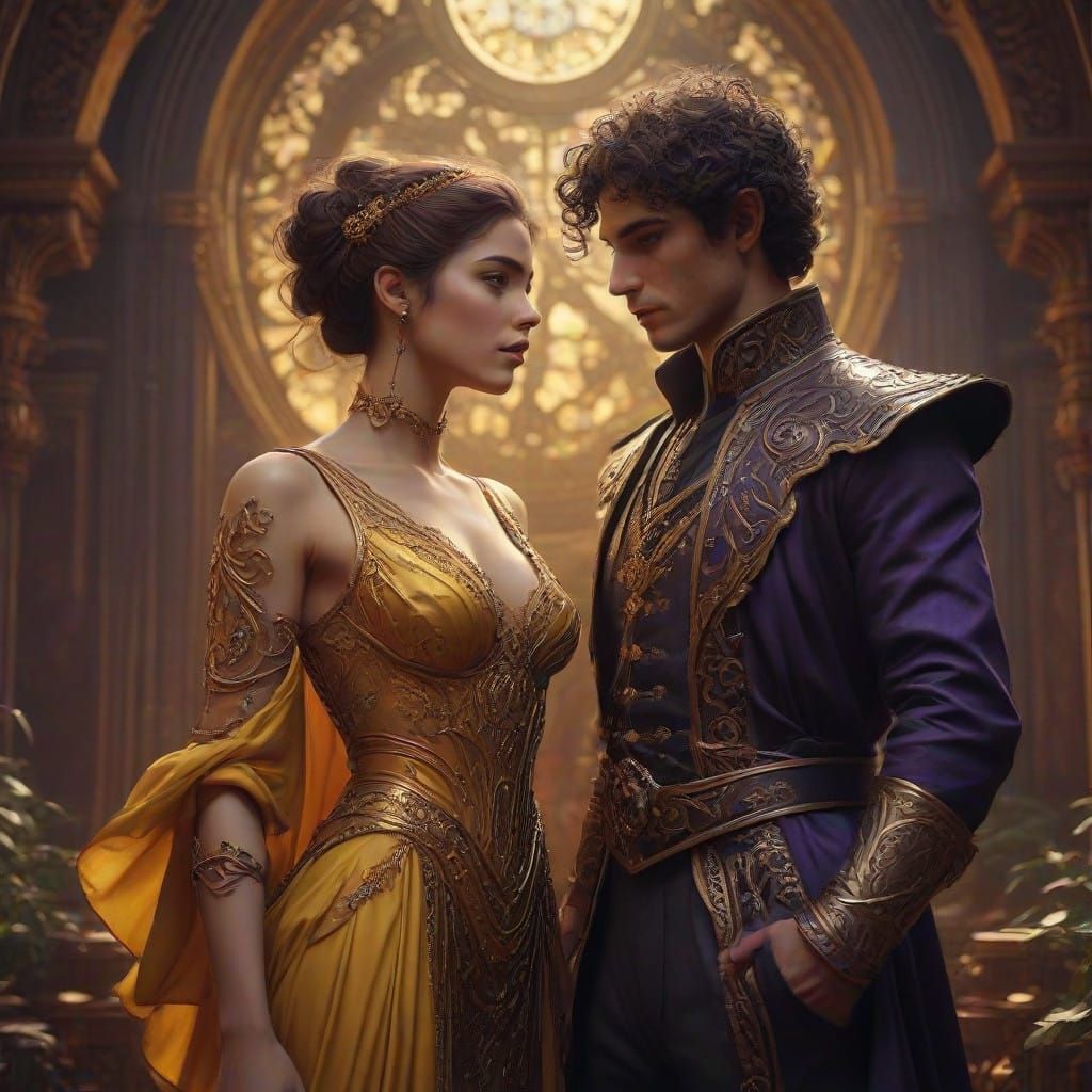 Dark Fantasy Duo of Olive-Skinned Males and Females in Intri...