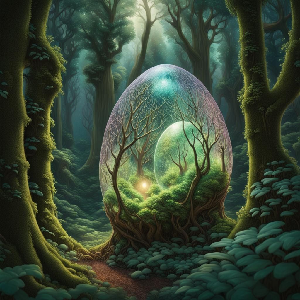 Glowing City Encased in Cocoon in Hyper-Realistic Forest