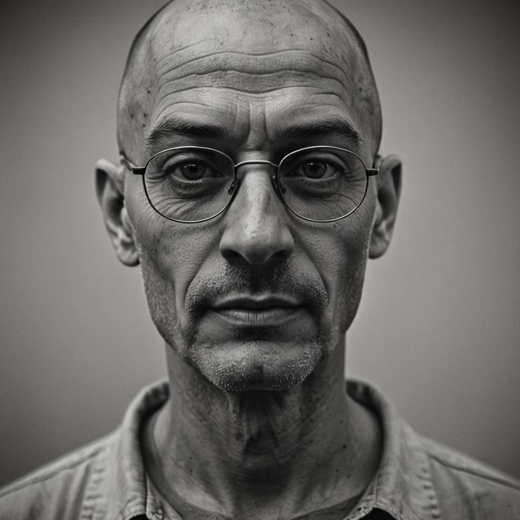 Grayscale Portrait of Bald Man with Glasses
