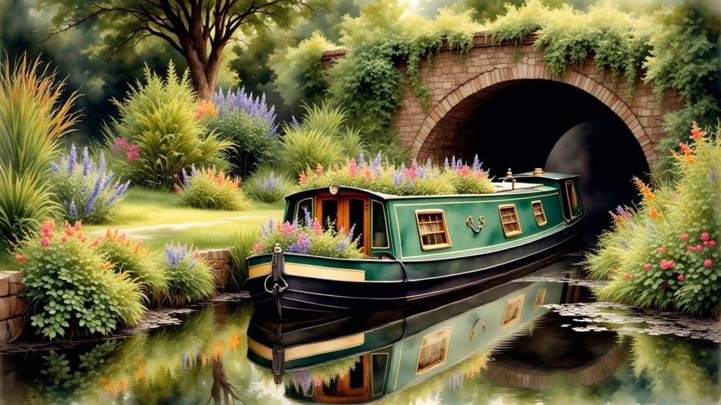 Romantic English Canal Boat Emerge into Dreamy Green Glade