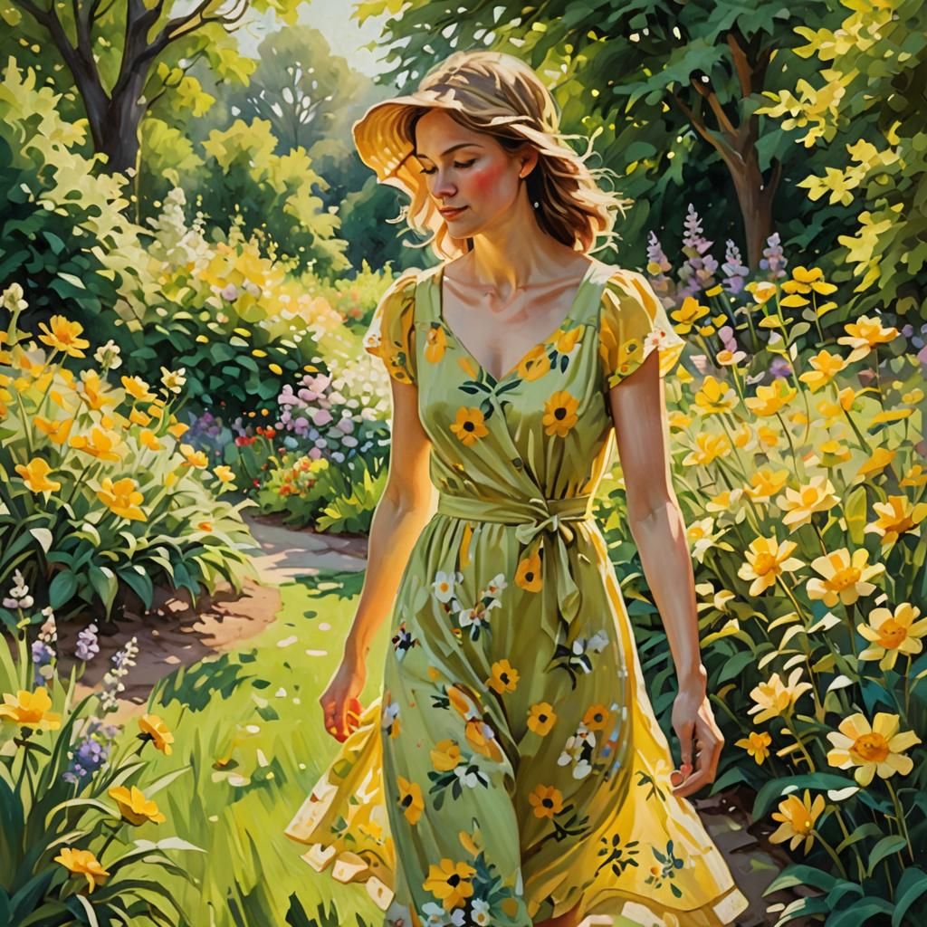 Woman in Garden: Impressionist Oil Painting
