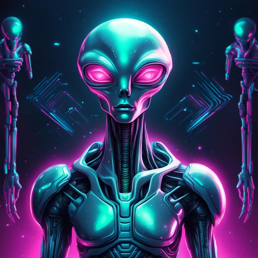 Bioluminescent Grey Extraterrestrials in Synthwave Style