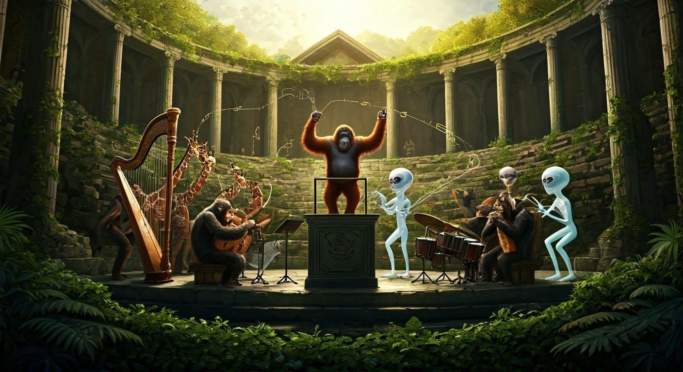 Regal Orangutan Conductor Leads Fantastical Orchestra